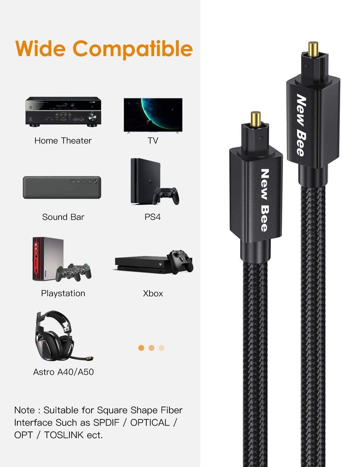 Optical Audio Cable 10ft New Bee Digital Toslink Cable 24K Gold-Plated Nylon Braided S/PDIF Cable for Home Theater, Sound Bar, TV, PS4, Xbox, Playstation
